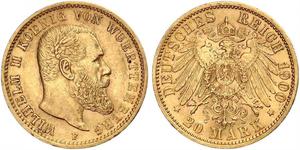 20 Mark Reino de Wurtemberg (1806-1918) Oro Wilhelm II, German Emperor (1859-1941)