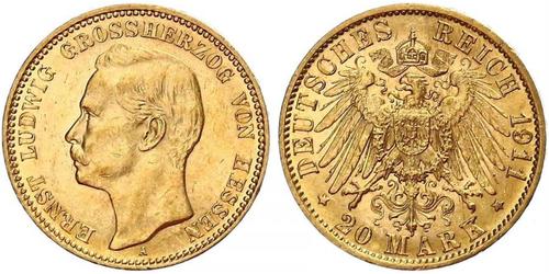 20 Mark 黑森-达姆施塔特 (1806 - 1918) 金 恩斯特·路德维希 (黑森大公) (1868 - 1937)