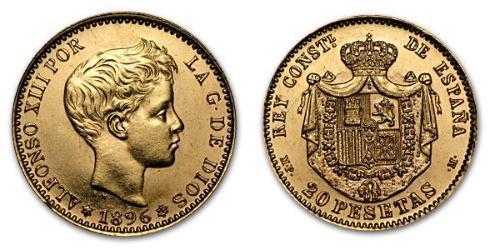 20 Peseta Kingdom of Spain (1874 - 1931) 金 阿方索十三世 (1886 - 1941)