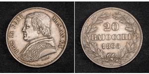 20 Байокко Папська держава (752-1870) Срібло Пій IX (1792- 1878)
