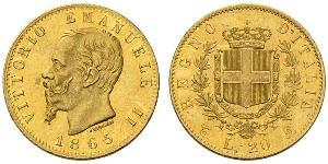 20 Лира Kingdom of Italy (1861-1946) Золото Victor Emmanuel II of Italy (1820 - 1878)