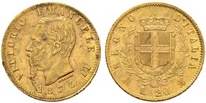 20 Лира Kingdom of Italy (1861-1946) Золото Victor Emmanuel II of Italy (1820 - 1878)