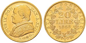 20 Лира Папская область (752-1870) Золото Пий IX (1792- 1878)