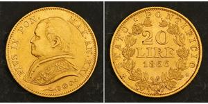 20 Ліра Папська держава (752-1870) Золото Пій IX (1792- 1878)