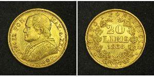 20 Ліра Папська держава (752-1870) Золото Пій IX (1792- 1878)