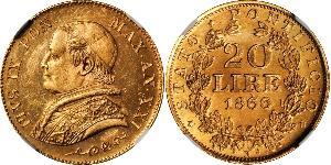 20 Ліра Папська держава (752-1870) Золото Пій IX (1792- 1878)
