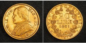 20 Ліра Папська держава (752-1870) Золото Пій IX (1792- 1878)