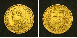 20 Ліра Папська держава (752-1870) Золото Пій IX (1792- 1878)