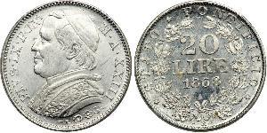 20 Ліра Папська держава (752-1870) Золото Пій IX (1792- 1878)
