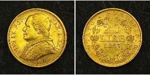 20 Ліра Папська держава (752-1870) Золото Пій IX (1792- 1878)