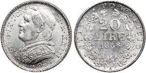 20 Ліра Папська держава (752-1870) Золото Пій IX (1792- 1878)