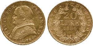 20 Ліра Папська держава (752-1870) Золото Пій IX (1792- 1878)