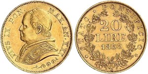 20 Ліра Папська держава (752-1870) Золото Пій IX (1792- 1878)