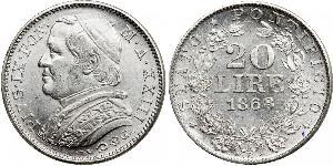 20 Ліра Папська держава (752-1870) Золото Пій IX (1792- 1878)