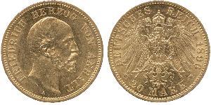 20 Марка Ангальт-Дессау (1603 -1863) Золото Frederick I, Duke of Anhalt (1831-1904)