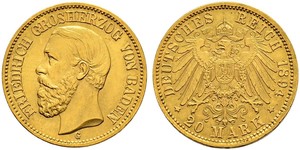 20 Марка Велике герцогство Баден (1806-1918) Золото Frederick I, Grand Duke of Baden (1826 - 1907)