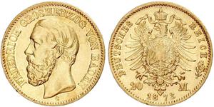 20 Марка Велике герцогство Баден (1806-1918) Золото Frederick I, Grand Duke of Baden (1826 - 1907)