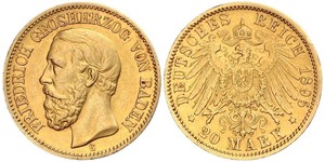 20 Марка Великое герцогство Баден (1806-1918) Золото Фридрих I (великий герцог Баденский) (1826 - 1907)