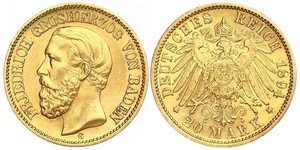 20 Марка Великое герцогство Баден (1806-1918) Золото Фридрих I (великий герцог Баденский) (1826 - 1907)