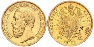 20 Марка Великое герцогство Баден (1806-1918) Золото Фридрих I (великий герцог Баденский) (1826 - 1907)
