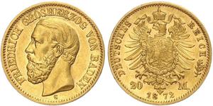 20 Марка Великое герцогство Баден (1806-1918) Золото Фридрих I (великий герцог Баденский) (1826 - 1907)