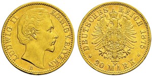 20 Марка Королевство Бавария (1806 - 1918) Золото Людвиг II (король Баварии)(1845 – 1886)