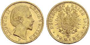 20 Марка Королевство Бавария (1806 - 1918) Золото Людвиг II (король Баварии)(1845 – 1886)