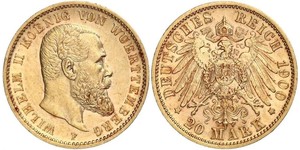 20 Марка Королевство Вюртемберг (1806-1918) Золото Wilhelm II, German Emperor (1859-1941)