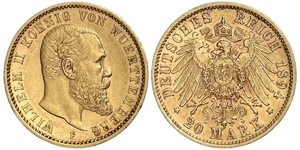 20 Марка Королевство Вюртемберг (1806-1918) Золото Wilhelm II, German Emperor (1859-1941)