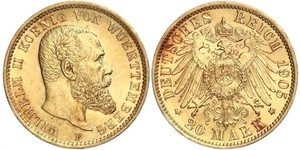 20 Марка Королевство Вюртемберг (1806-1918) Золото Wilhelm II, German Emperor (1859-1941)