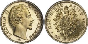 20 Марка Королівство Баварія (1806 - 1918) Золото Людвіг II (король Баварії)(1845 – 1886)