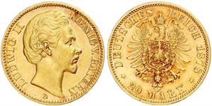 20 Марка Королівство Баварія (1806 - 1918) Золото Людвіг II (король Баварії)(1845 – 1886)