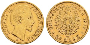 20 Марка Королівство Баварія (1806 - 1918) Золото Людвіг II (король Баварії)(1845 – 1886)