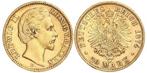 20 Марка Королівство Баварія (1806 - 1918) Золото Людвіг II (король Баварії)(1845 – 1886)