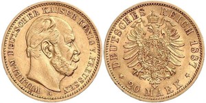 20 Марка Королівство Пруссія (1701-1918) Золото Wilhelm I, German Emperor (1797-1888)