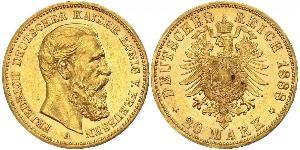 20 Марка Королівство Пруссія (1701-1918) Золото Фрідріх III (німецький імператор) (1831-1888)