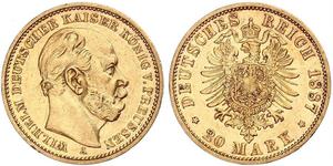 20 Марка Королівство Пруссія (1701-1918) Золото Wilhelm I, German Emperor (1797-1888)
