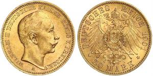 20 Марка Королівство Пруссія (1701-1918) Золото Wilhelm II, German Emperor (1859-1941)
