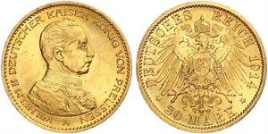 20 Марка Пруссия (королевство) (1701-1918) Золото Wilhelm II, German Emperor (1859-1941)