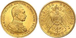 20 Марка Пруссия (королевство) (1701-1918) Золото Wilhelm II, German Emperor (1859-1941)