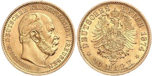 20 Марка Пруссия (королевство) (1701-1918) Золото Wilhelm I, German Emperor (1797-1888)