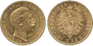 20 Марка Пруссия (королевство) (1701-1918) Золото Wilhelm II, German Emperor (1859-1941)