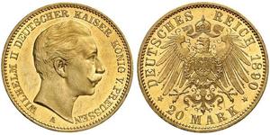 20 Марка Пруссия (королевство) (1701-1918) Золото Wilhelm II, German Emperor (1859-1941)