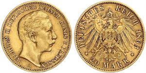 20 Марка Пруссия (королевство) (1701-1918) Золото Wilhelm II, German Emperor (1859-1941)