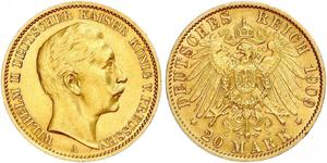 20 Марка Пруссия (королевство) (1701-1918) Золото Wilhelm II, German Emperor (1859-1941)