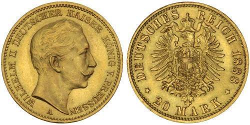 20 Марка Пруссия (королевство) (1701-1918) Золото Wilhelm II, German Emperor (1859-1941)