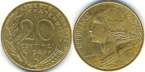 20 Сантим Пятая французская республика (1958 - ) Латунь 