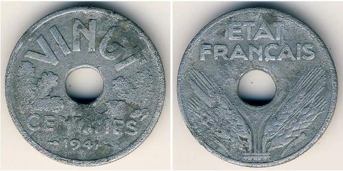 20 Сантім Vichy France (1940-1944) Цинк 