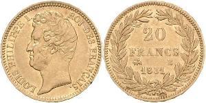 20 Франк July Monarchy (1830-1848) Золото Луі-Філіп I (1773 -1850)