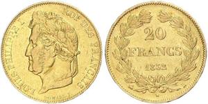 20 Франк July Monarchy (1830-1848) Золото Луі-Філіп I (1773 -1850)
